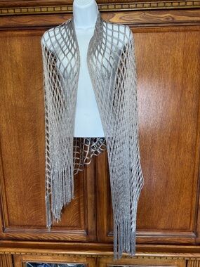 Open Knit Fringe Shawl in Metallic Silver